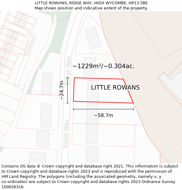 LITTLE ROWANS, RIDGE WAY, HIGH WYCOMBE, HP13 5BE: Plot and title map