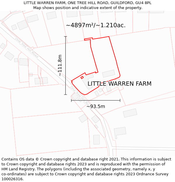 LITTLE WARREN FARM, ONE TREE HILL ROAD, GUILDFORD, GU4 8PL: Plot and title map