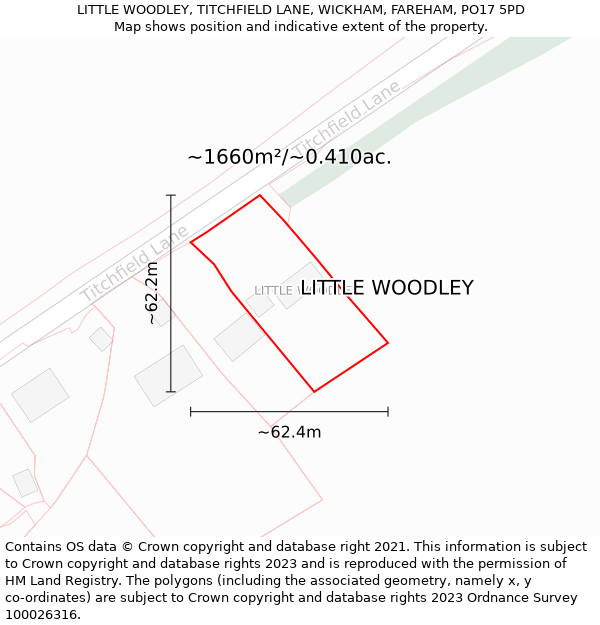 LITTLE WOODLEY, TITCHFIELD LANE, WICKHAM, FAREHAM, PO17 5PD: Plot and title map