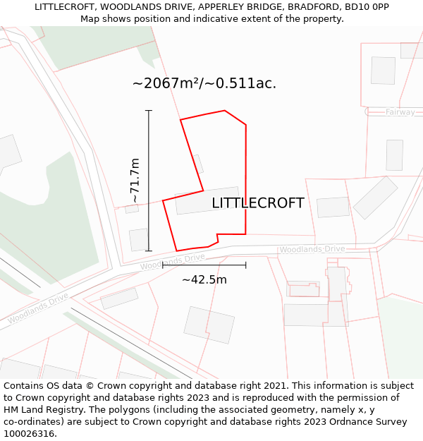 LITTLECROFT, WOODLANDS DRIVE, APPERLEY BRIDGE, BRADFORD, BD10 0PP: Plot and title map