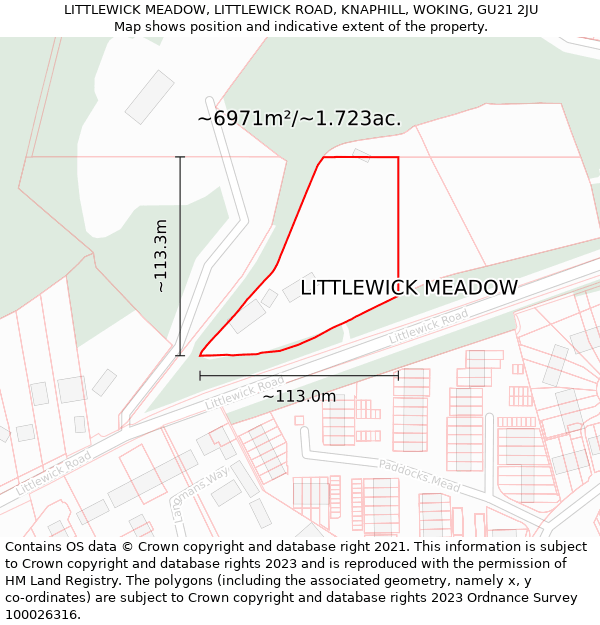 LITTLEWICK MEADOW, LITTLEWICK ROAD, KNAPHILL, WOKING, GU21 2JU: Plot and title map