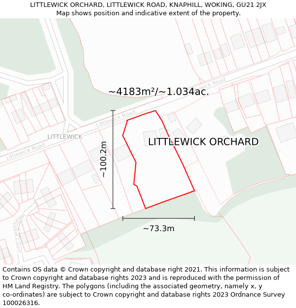 LITTLEWICK ORCHARD, LITTLEWICK ROAD, KNAPHILL, WOKING, GU21 2JX: Plot and title map