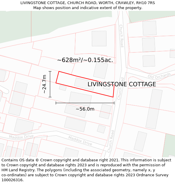 LIVINGSTONE COTTAGE, CHURCH ROAD, WORTH, CRAWLEY, RH10 7RS: Plot and title map