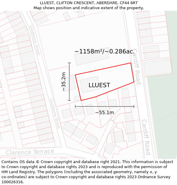 LLUEST, CLIFTON CRESCENT, ABERDARE, CF44 6RT: Plot and title map