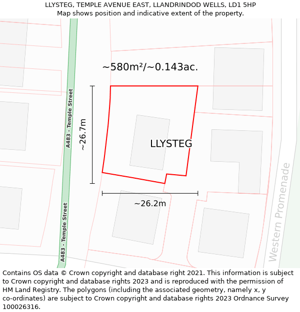 LLYSTEG, TEMPLE AVENUE EAST, LLANDRINDOD WELLS, LD1 5HP: Plot and title map