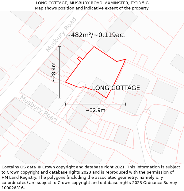 LONG COTTAGE, MUSBURY ROAD, AXMINSTER, EX13 5JG: Plot and title map