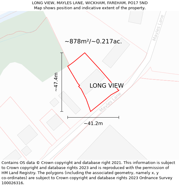 LONG VIEW, MAYLES LANE, WICKHAM, FAREHAM, PO17 5ND: Plot and title map