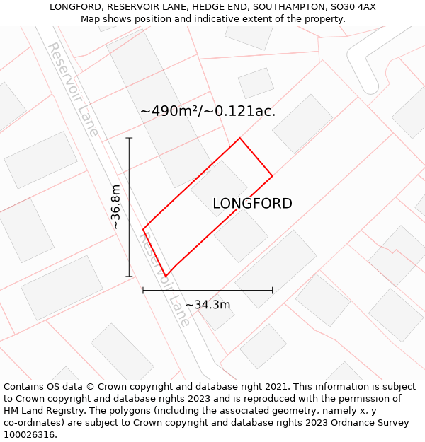 LONGFORD, RESERVOIR LANE, HEDGE END, SOUTHAMPTON, SO30 4AX: Plot and title map