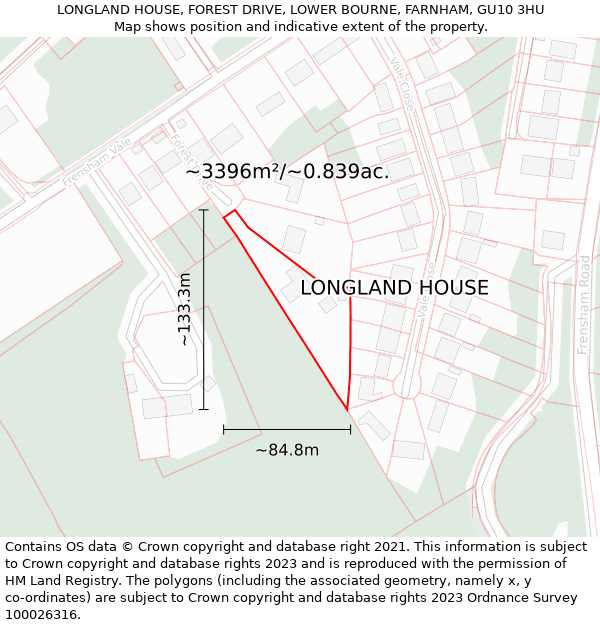 LONGLAND HOUSE, FOREST DRIVE, LOWER BOURNE, FARNHAM, GU10 3HU: Plot and title map