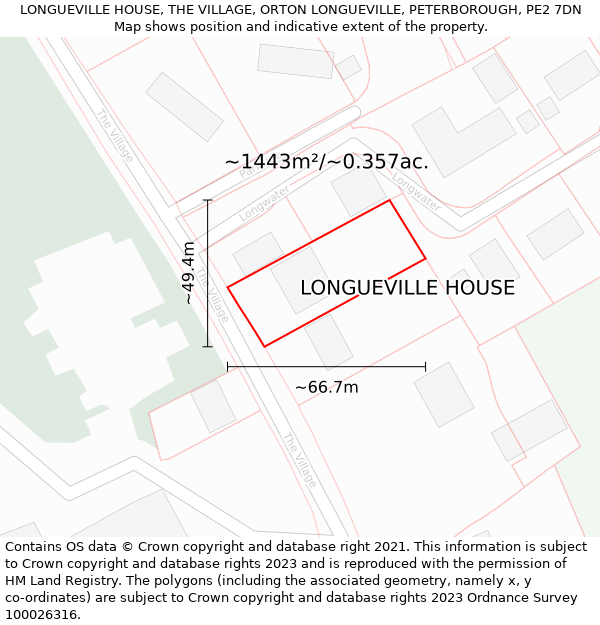 LONGUEVILLE HOUSE, THE VILLAGE, ORTON LONGUEVILLE, PETERBOROUGH, PE2 7DN: Plot and title map
