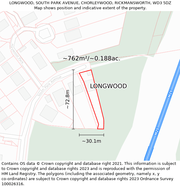 LONGWOOD, SOUTH PARK AVENUE, CHORLEYWOOD, RICKMANSWORTH, WD3 5DZ: Plot and title map