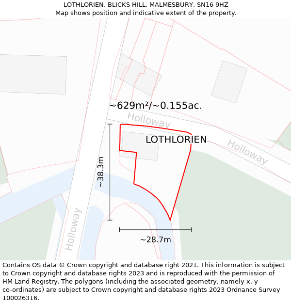 LOTHLORIEN, BLICKS HILL, MALMESBURY, SN16 9HZ: Plot and title map