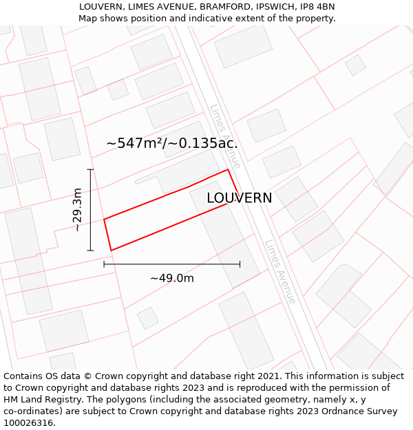 LOUVERN, LIMES AVENUE, BRAMFORD, IPSWICH, IP8 4BN: Plot and title map
