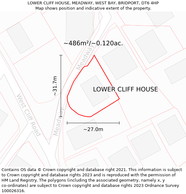 LOWER CLIFF HOUSE, MEADWAY, WEST BAY, BRIDPORT, DT6 4HP: Plot and title map