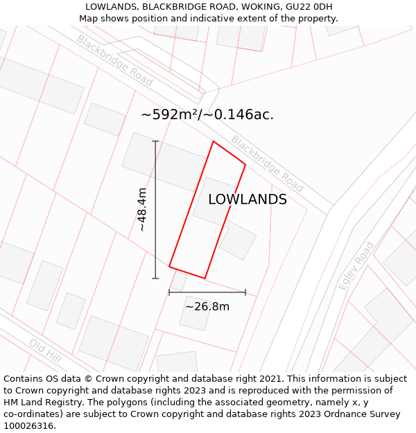 LOWLANDS, BLACKBRIDGE ROAD, WOKING, GU22 0DH: Plot and title map