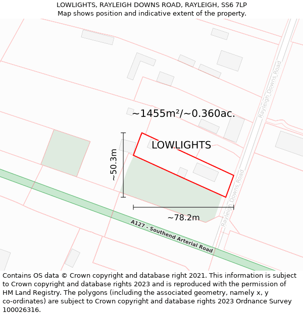 LOWLIGHTS, RAYLEIGH DOWNS ROAD, RAYLEIGH, SS6 7LP: Plot and title map