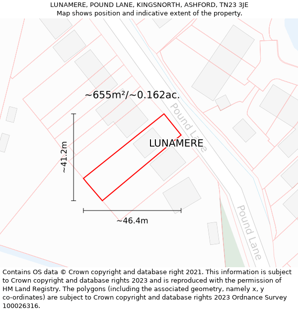 LUNAMERE, POUND LANE, KINGSNORTH, ASHFORD, TN23 3JE: Plot and title map