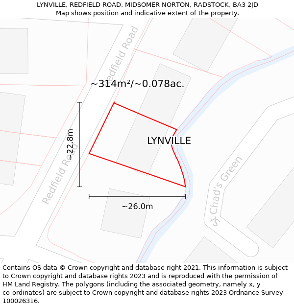 LYNVILLE, REDFIELD ROAD, MIDSOMER NORTON, RADSTOCK, BA3 2JD: Plot and title map