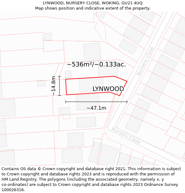 LYNWOOD, NURSERY CLOSE, WOKING, GU21 4UQ: Plot and title map