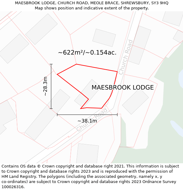 MAESBROOK LODGE, CHURCH ROAD, MEOLE BRACE, SHREWSBURY, SY3 9HQ: Plot and title map