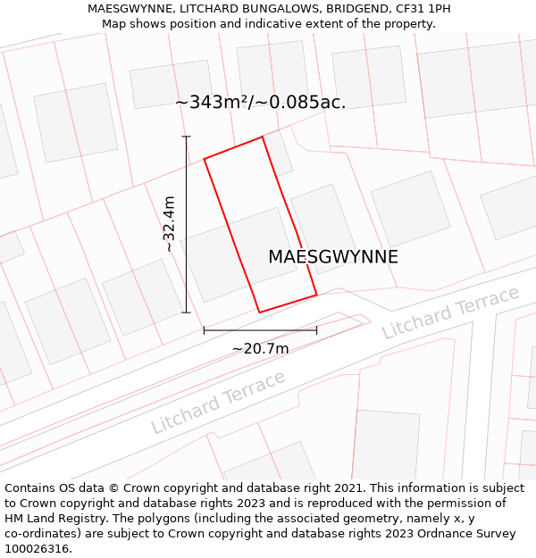 MAESGWYNNE, LITCHARD BUNGALOWS, BRIDGEND, CF31 1PH: Plot and title map