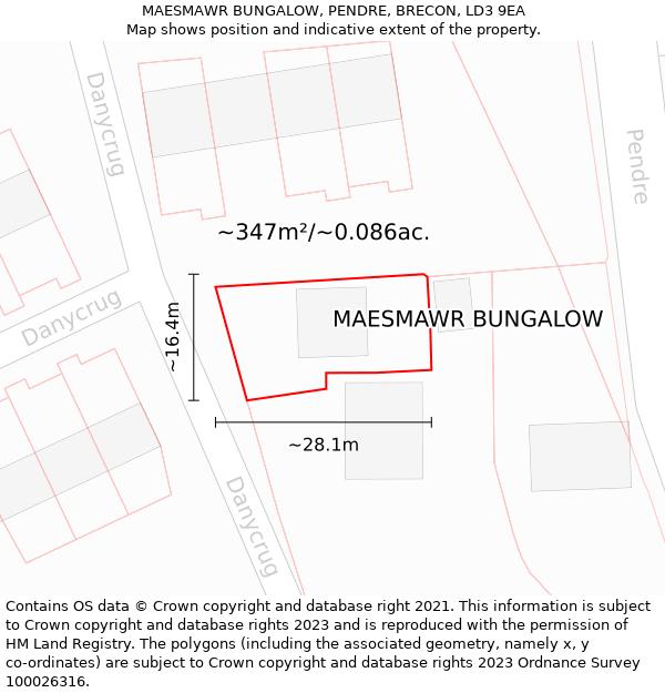MAESMAWR BUNGALOW, PENDRE, BRECON, LD3 9EA: Plot and title map