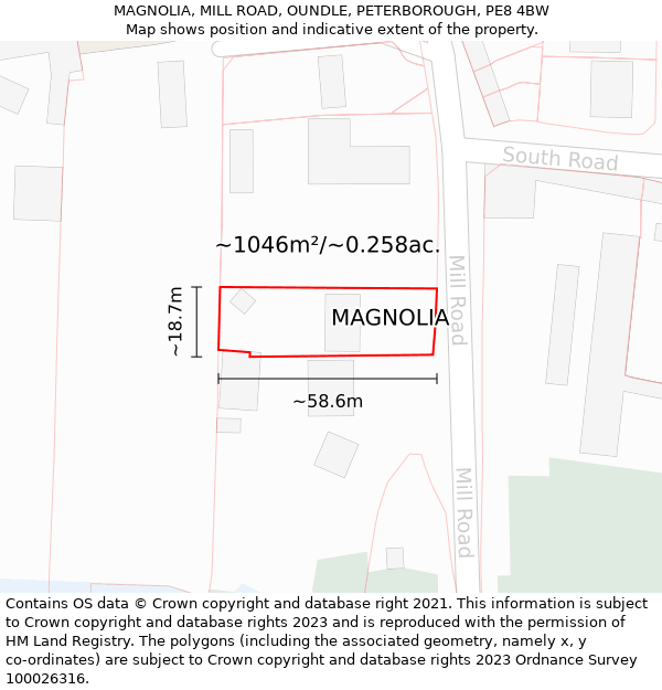 MAGNOLIA, MILL ROAD, OUNDLE, PETERBOROUGH, PE8 4BW: Plot and title map