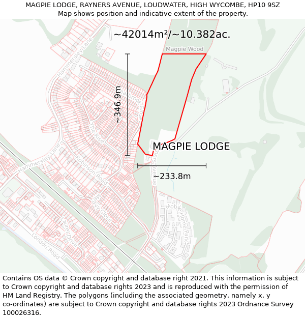 MAGPIE LODGE, RAYNERS AVENUE, LOUDWATER, HIGH WYCOMBE, HP10 9SZ: Plot and title map