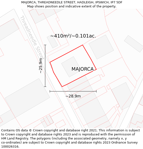 MAJORCA, THREADNEEDLE STREET, HADLEIGH, IPSWICH, IP7 5DF: Plot and title map