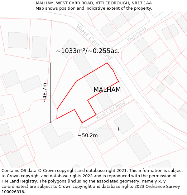 MALHAM, WEST CARR ROAD, ATTLEBOROUGH, NR17 1AA: Plot and title map