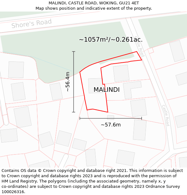 MALINDI, CASTLE ROAD, WOKING, GU21 4ET: Plot and title map