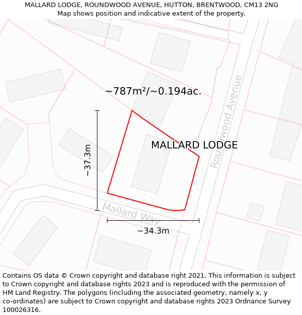 MALLARD LODGE, ROUNDWOOD AVENUE, HUTTON, BRENTWOOD, CM13 2NG: Plot and title map