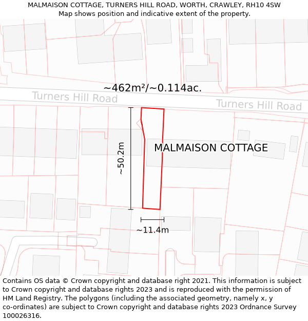 MALMAISON COTTAGE, TURNERS HILL ROAD, WORTH, CRAWLEY, RH10 4SW: Plot and title map