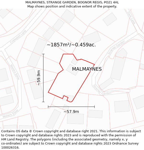 MALMAYNES, STRANGE GARDEN, BOGNOR REGIS, PO21 4AL: Plot and title map