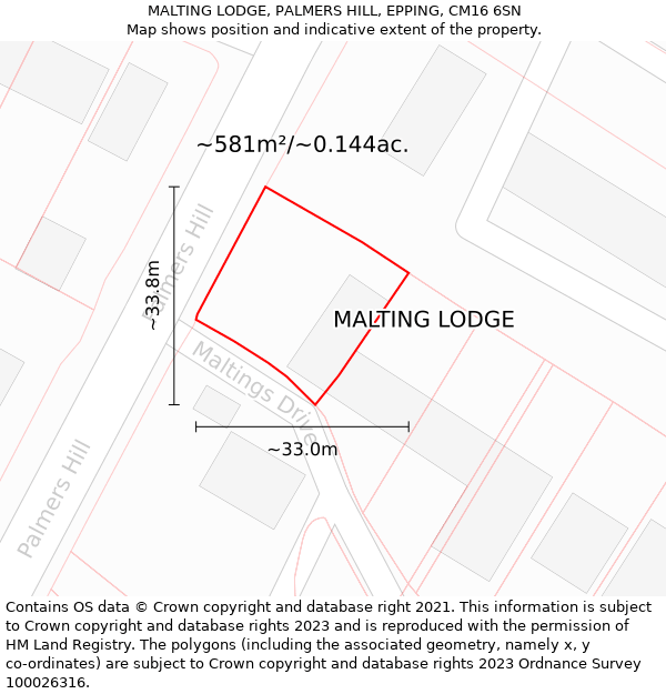 MALTING LODGE, PALMERS HILL, EPPING, CM16 6SN: Plot and title map