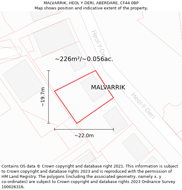 MALVARRIK, HEOL Y DERI, ABERDARE, CF44 0BP: Plot and title map