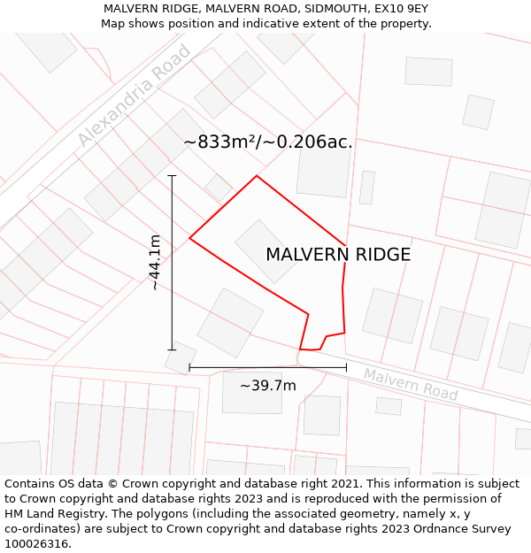 MALVERN RIDGE, MALVERN ROAD, SIDMOUTH, EX10 9EY: Plot and title map