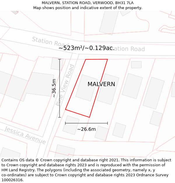 MALVERN, STATION ROAD, VERWOOD, BH31 7LA: Plot and title map