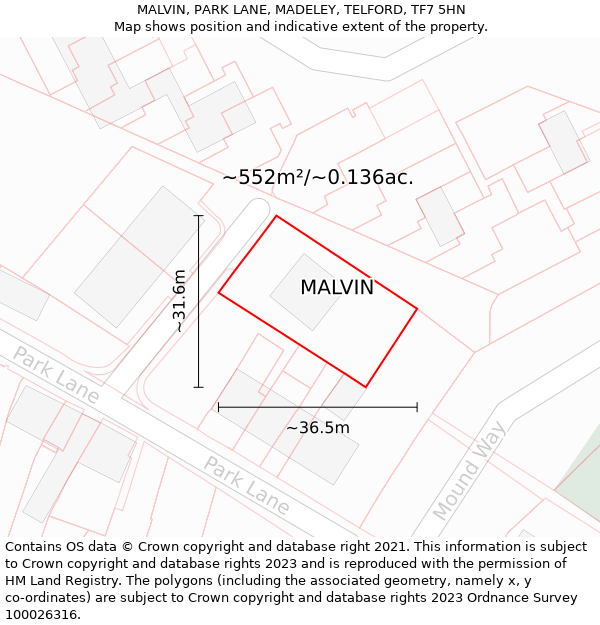 MALVIN, PARK LANE, MADELEY, TELFORD, TF7 5HN: Plot and title map