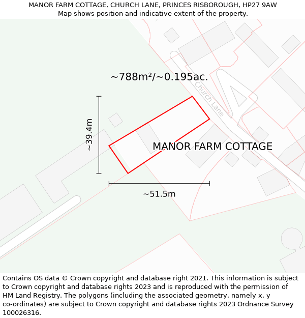 MANOR FARM COTTAGE, CHURCH LANE, PRINCES RISBOROUGH, HP27 9AW: Plot and title map
