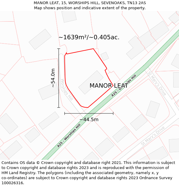 MANOR LEAT, 15, WORSHIPS HILL, SEVENOAKS, TN13 2AS: Plot and title map