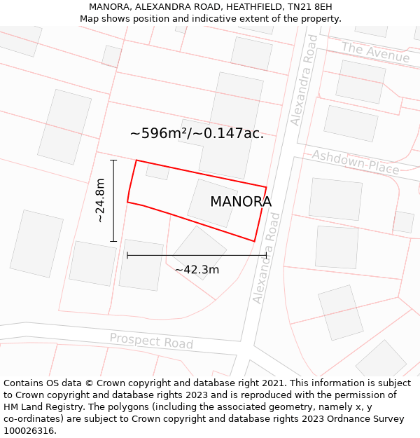 MANORA, ALEXANDRA ROAD, HEATHFIELD, TN21 8EH: Plot and title map