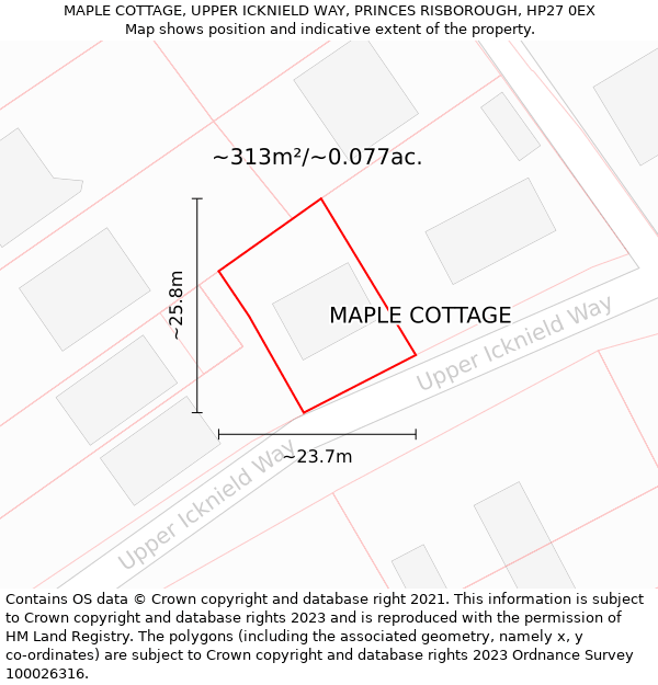 MAPLE COTTAGE, UPPER ICKNIELD WAY, PRINCES RISBOROUGH, HP27 0EX: Plot and title map