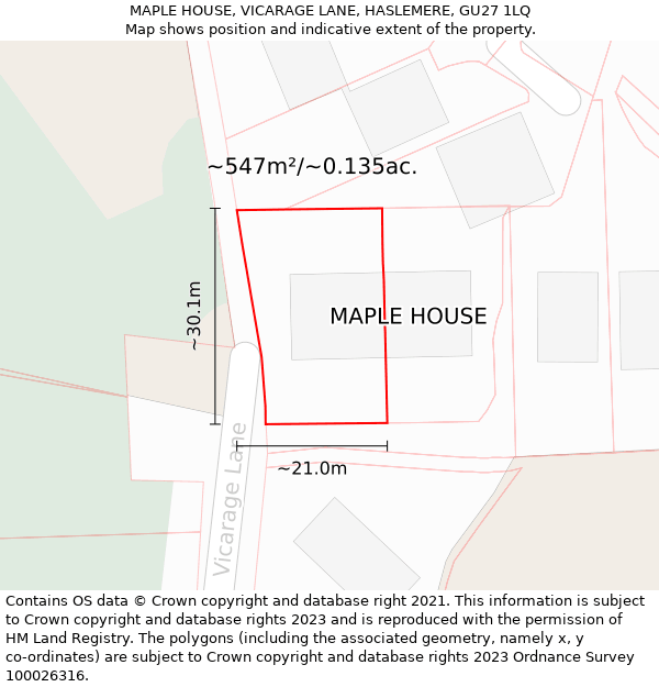 MAPLE HOUSE, VICARAGE LANE, HASLEMERE, GU27 1LQ: Plot and title map