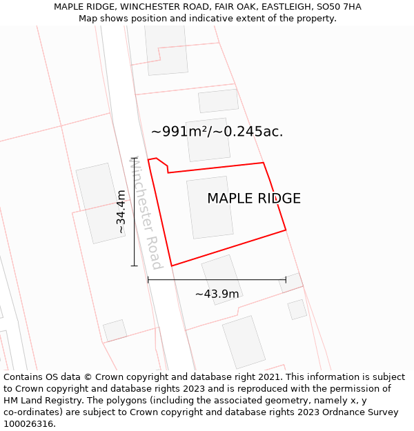 MAPLE RIDGE, WINCHESTER ROAD, FAIR OAK, EASTLEIGH, SO50 7HA: Plot and title map