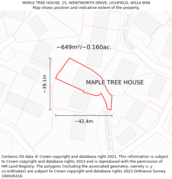 MAPLE TREE HOUSE, 15, WENTWORTH DRIVE, LICHFIELD, WS14 9HN: Plot and title map