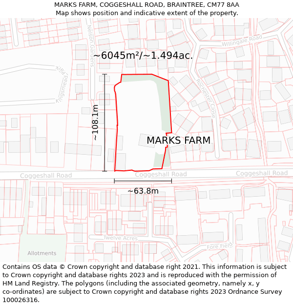 MARKS FARM, COGGESHALL ROAD, BRAINTREE, CM77 8AA: Plot and title map