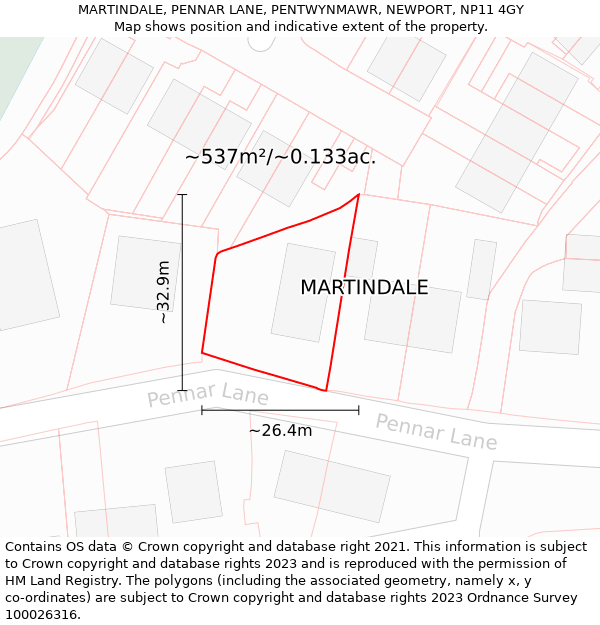 MARTINDALE, PENNAR LANE, PENTWYNMAWR, NEWPORT, NP11 4GY: Plot and title map