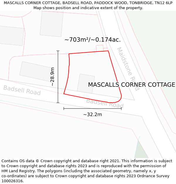 MASCALLS CORNER COTTAGE, BADSELL ROAD, PADDOCK WOOD, TONBRIDGE, TN12 6LP: Plot and title map