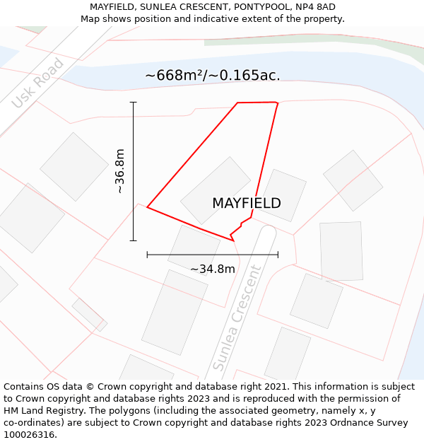 MAYFIELD, SUNLEA CRESCENT, PONTYPOOL, NP4 8AD: Plot and title map